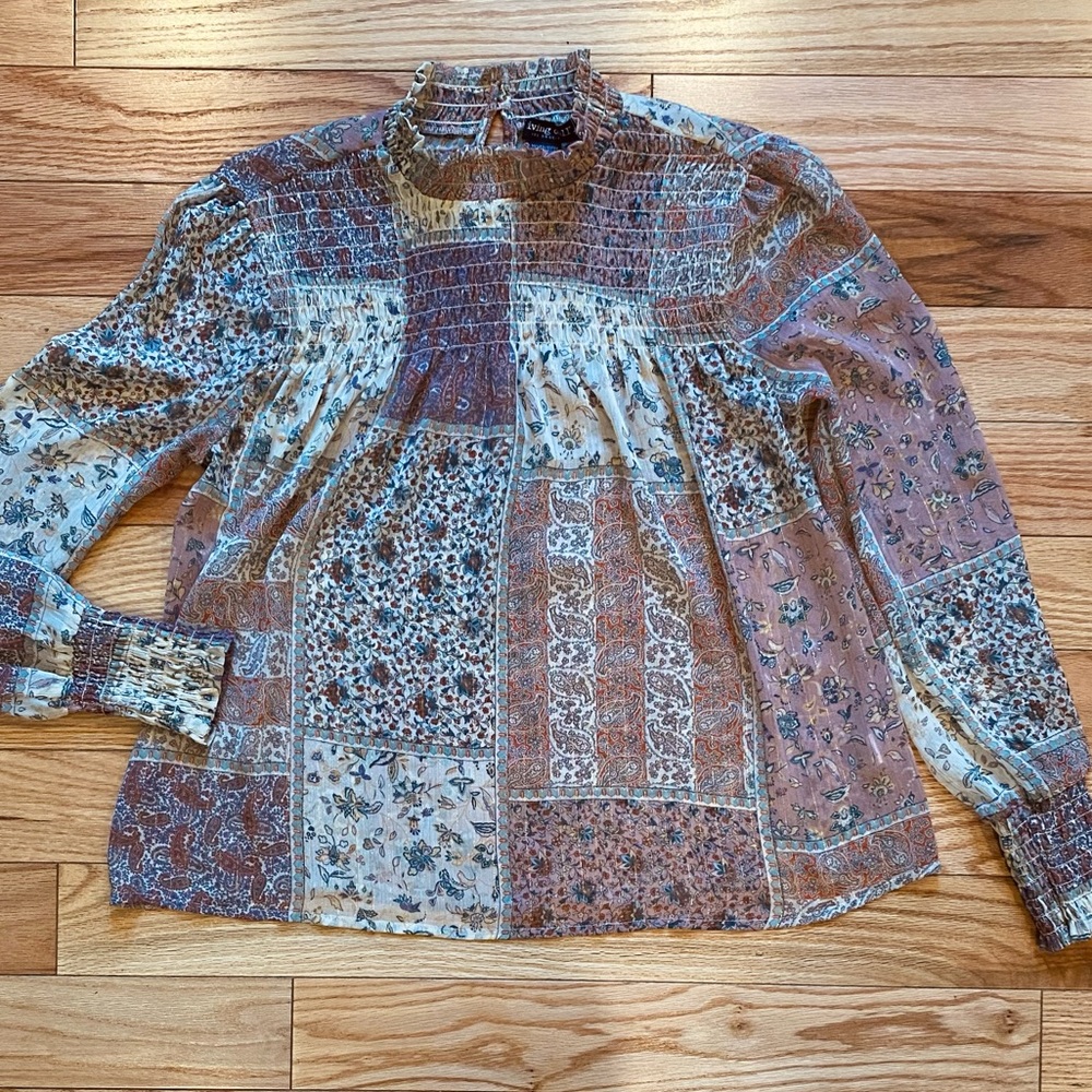 Sheer Smocked Patchwork Long Sleeve Mock Neck Blouse - Size M